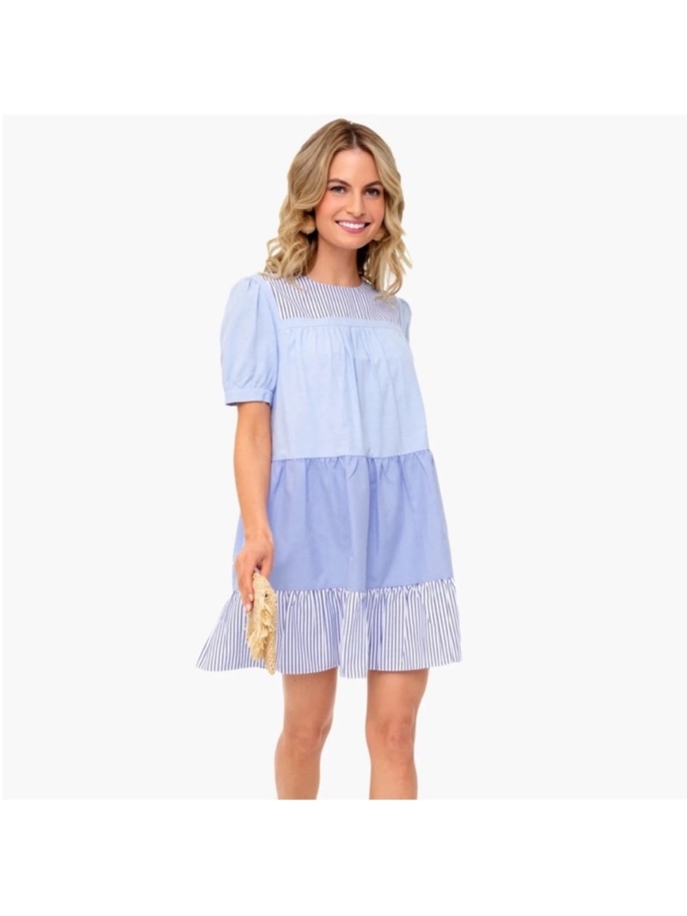 English Factory Light Blue and White Striped Mini Dress Size Medium